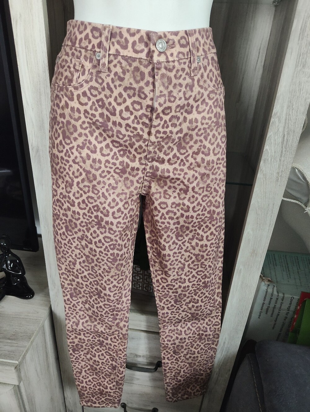 7 For All Mankind Coated Rose Leopard Print High-Waist Jeans - Pink Taupe SZ 29